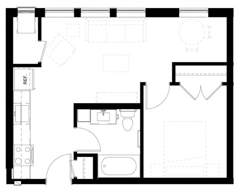 a floor plan of a home with a bedroom and a living room and a kitchen